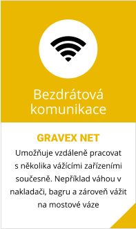 GRAVEX NET Umožňuje vzdáleně pracovat  s několika vážícími zařízeními součesně. Nepříklad váhou v nakladači, bagru a zároveň vážit na mostové váze Bezdrátová komunikace